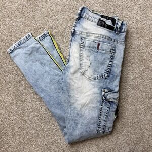 Industrial Indigo Jeans Mens 38x34 Acid Wash Blue Denim Skinny Distressed Cargo